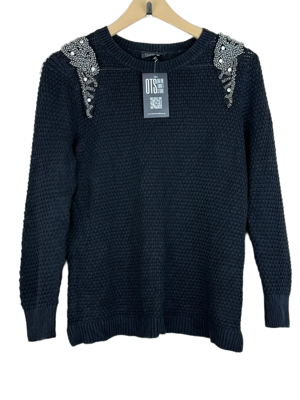 Secondhand Branded Winter Knitted Tops by Topshop, Black Cotton fabric, Excellent condition, for Women - Online Thrift Shop Karachi Pakistan