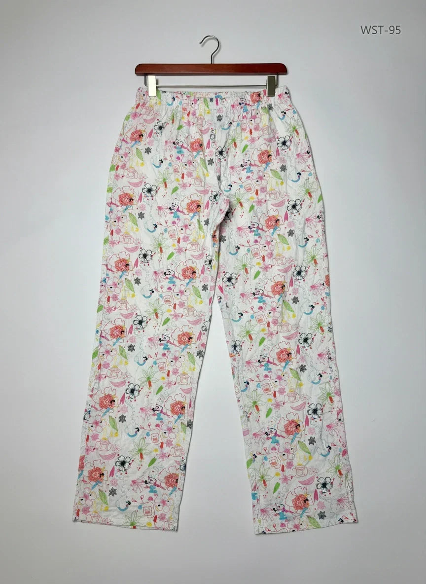 Preloved Excellent Womens Summer Trousers by H&M, WHITE MULTI Cotton for Womens - OTS Thrift Shop Islamabad Pakistan
